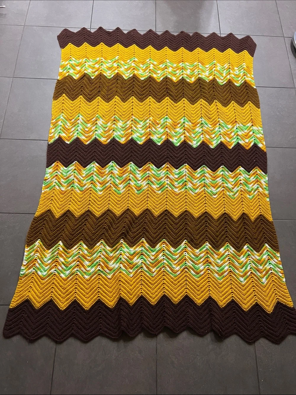 Handmade granny Chevron Knit blanket throw in Mustard and Brown cozy